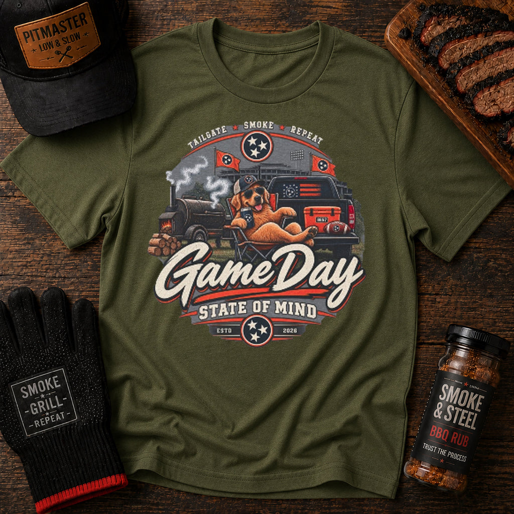 Game Day Smoky BBQ tailgate t-shirt, Military Green colorway