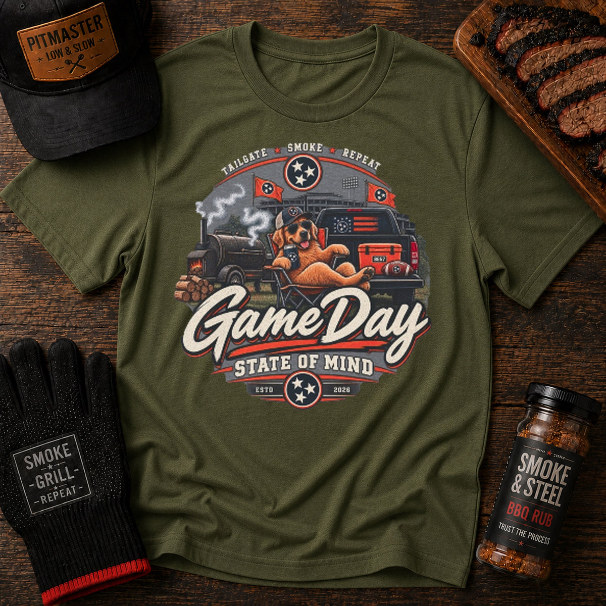 Game Day Smoky BBQ tailgate t-shirt, Military Green colorway
