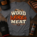 Wood Fire Meat tee featuring crossed firewood above bold lettering with flames on both sides