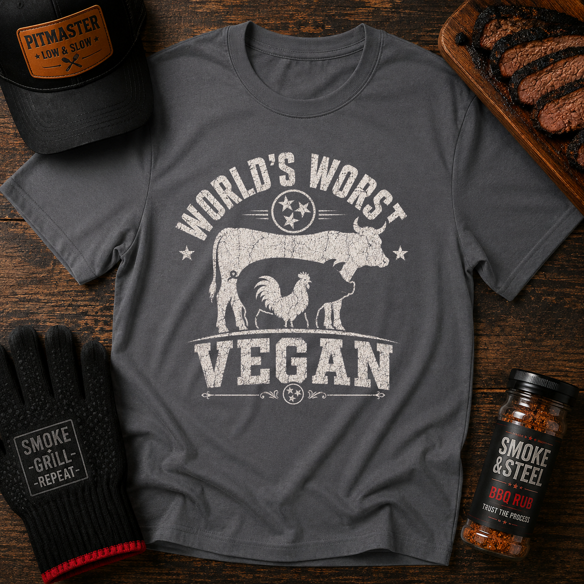 World's Worst Vegan t-shirt, vintage cow graphic, Charcoal