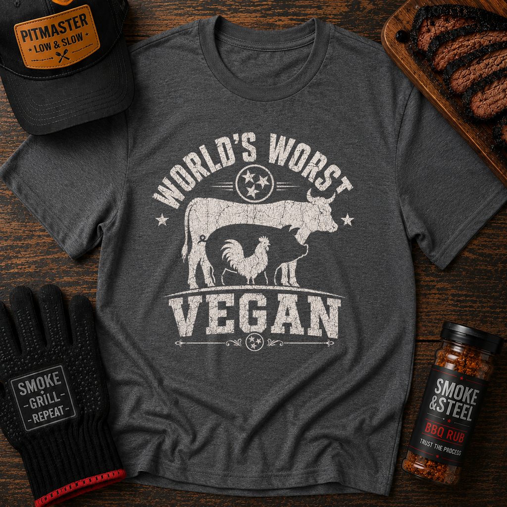World's Worst Vegan t-shirt, Graphite Heather colorway