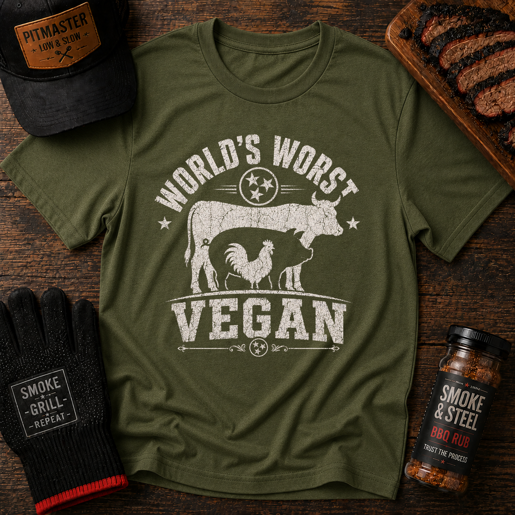 World's Worst Vegan t-shirt, Military Green colorway