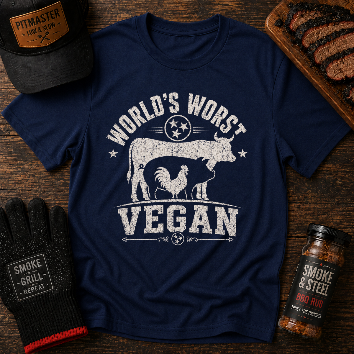 World's Worst Vegan t-shirt, Navy colorway