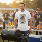 Adult wearing a Smoke Meat & Football tee at a football tailgate