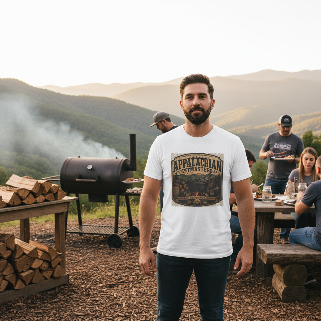 Adult wearing an Appalachian Pitmasters tee at a mountain barbecue gathering