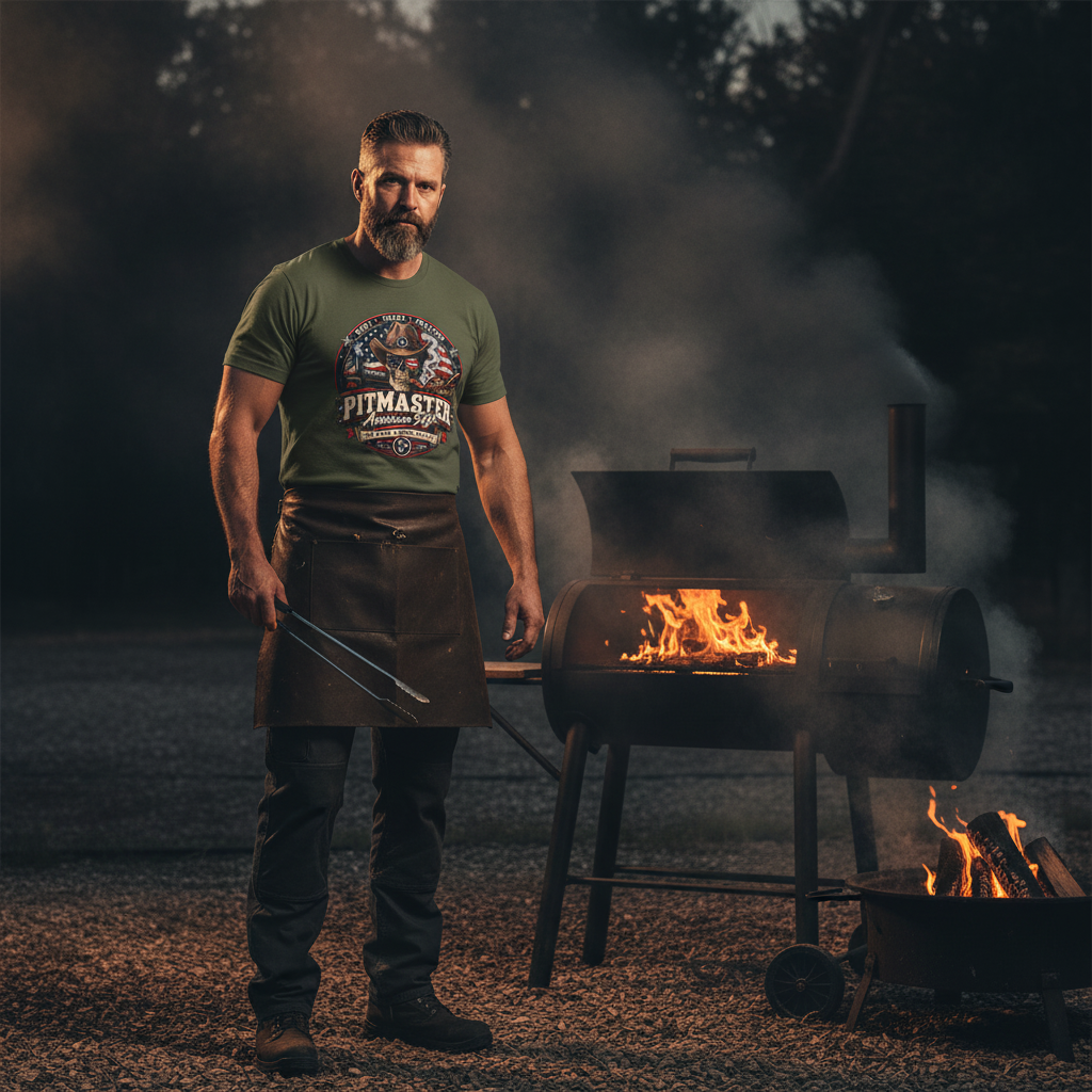Adult wearing a Pitmaster Skull BBQ tee beside a smoker