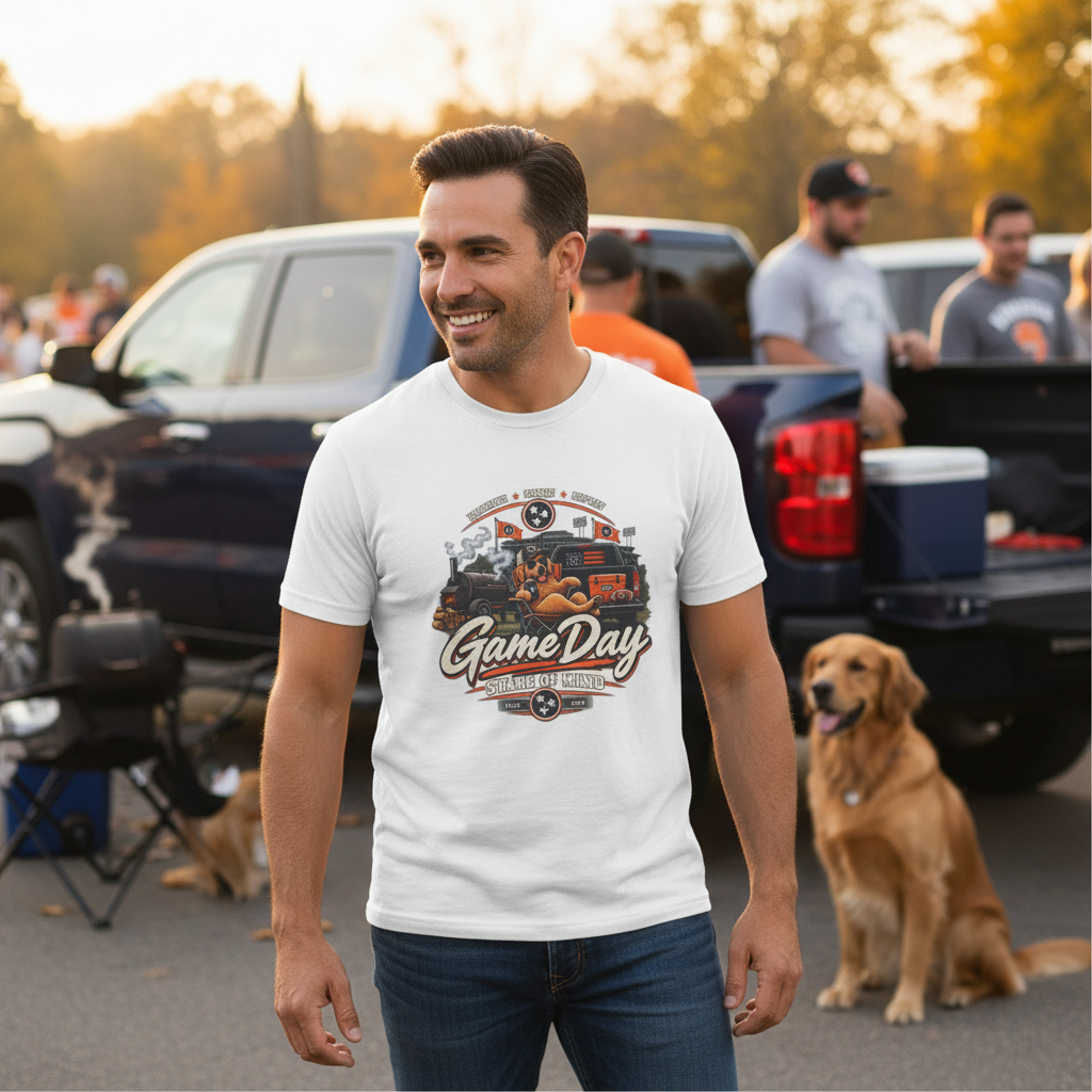 Adult wearing a Game Day BBQ tee at a football tailgate