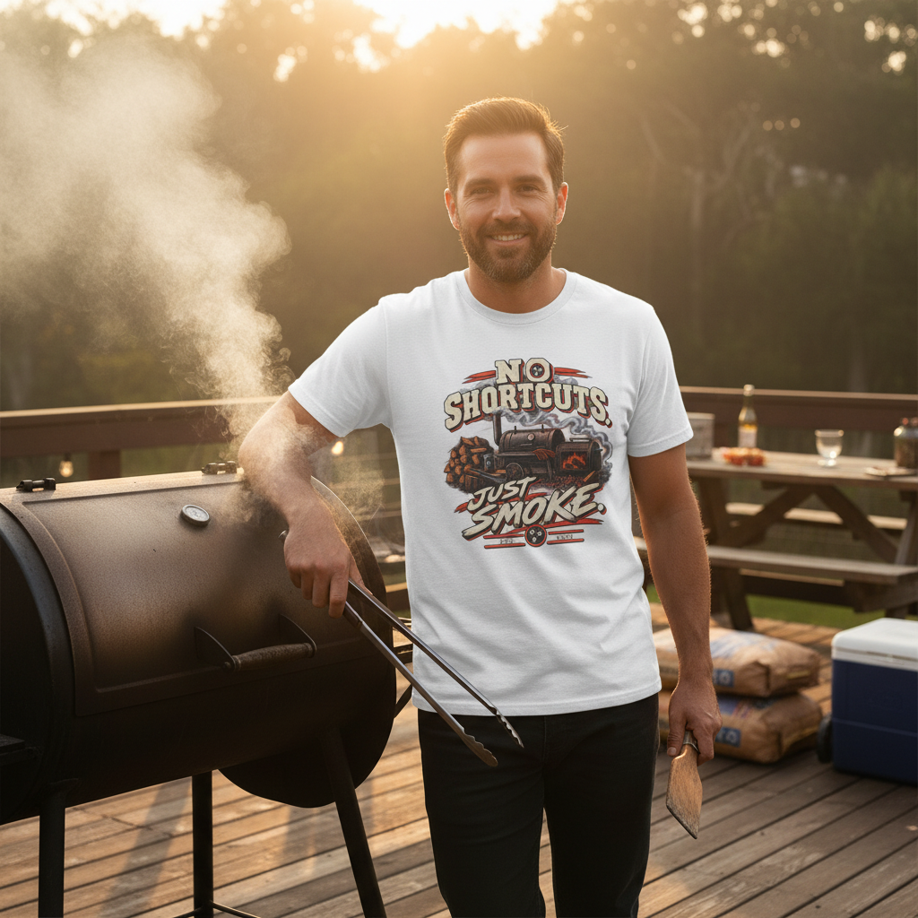 Adult wearing a No Shortcuts Just Smoke tee beside a smoker
