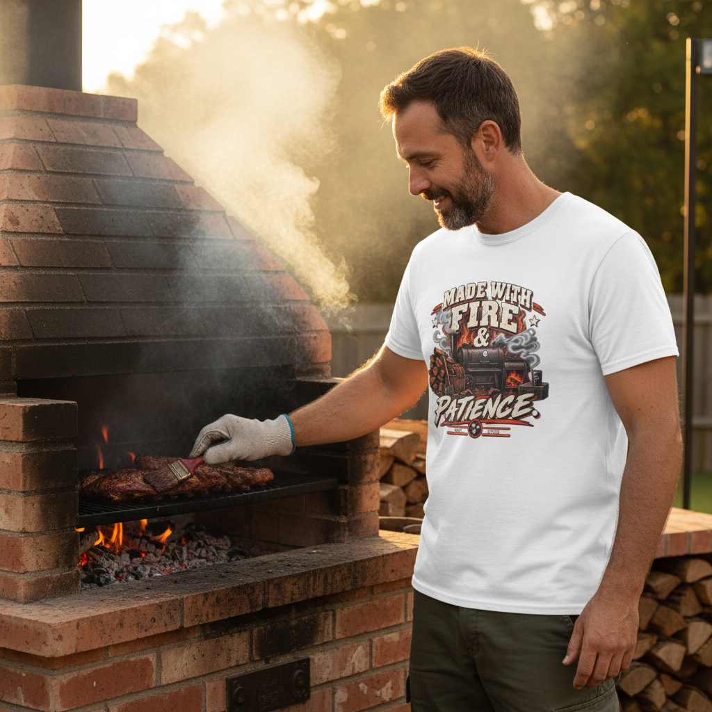 Adult wearing a Made With Fire & Patience tee at a wood-fired barbecue